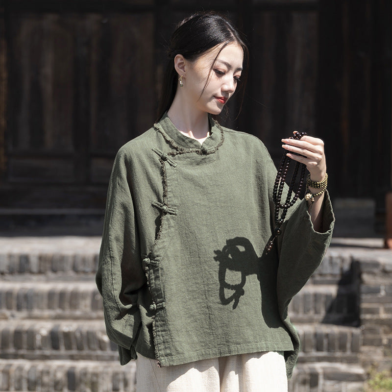 Ramie Linen Women Hanfu Shirt with Chinese Traditional Buttons and Raw Hem 250813s