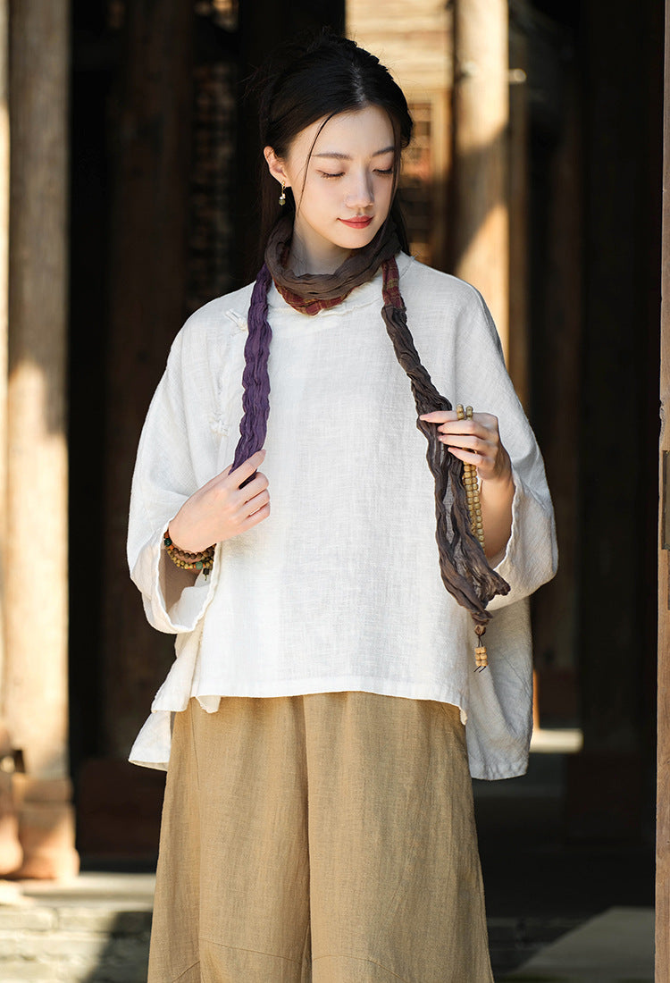 Ramie Linen Women Hanfu Shirt with Chinese Traditional Buttons and Raw Hem 250813s