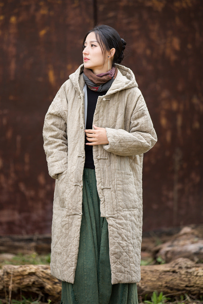 Ramie Linen Women Quilted Hoodie Jacket with Pockets & Frog Buttons in Hanfu Style, Chinese style Winter Padded Coat 251107w