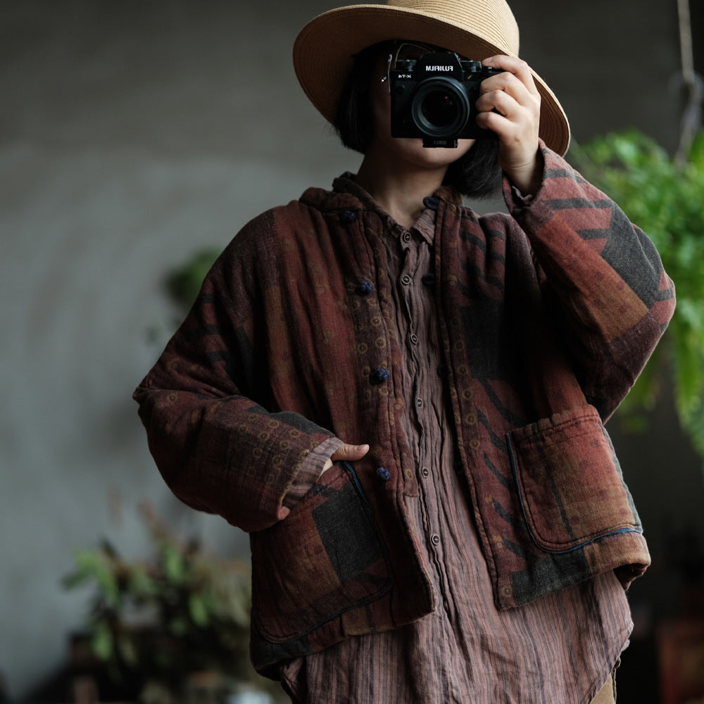 100% Cotton Women Quilted Chinese Jacket with Pockets and Vintage Print 251114w 1791