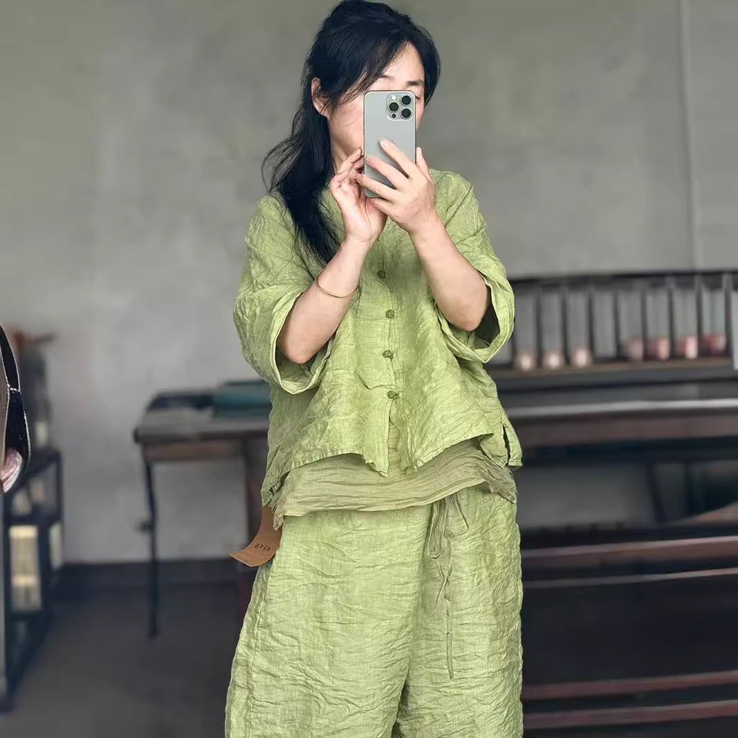100% Linen Women Shirt with Chinese Traditional Buttons 250803s 4352
