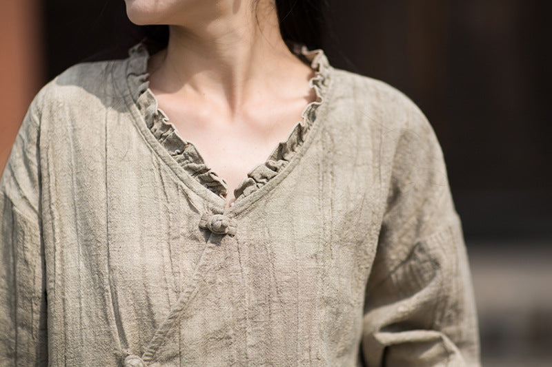 Ramie Linen Women Shirt in Hanfu Style with Ruffled Collar & Diagonal Closure 250922a