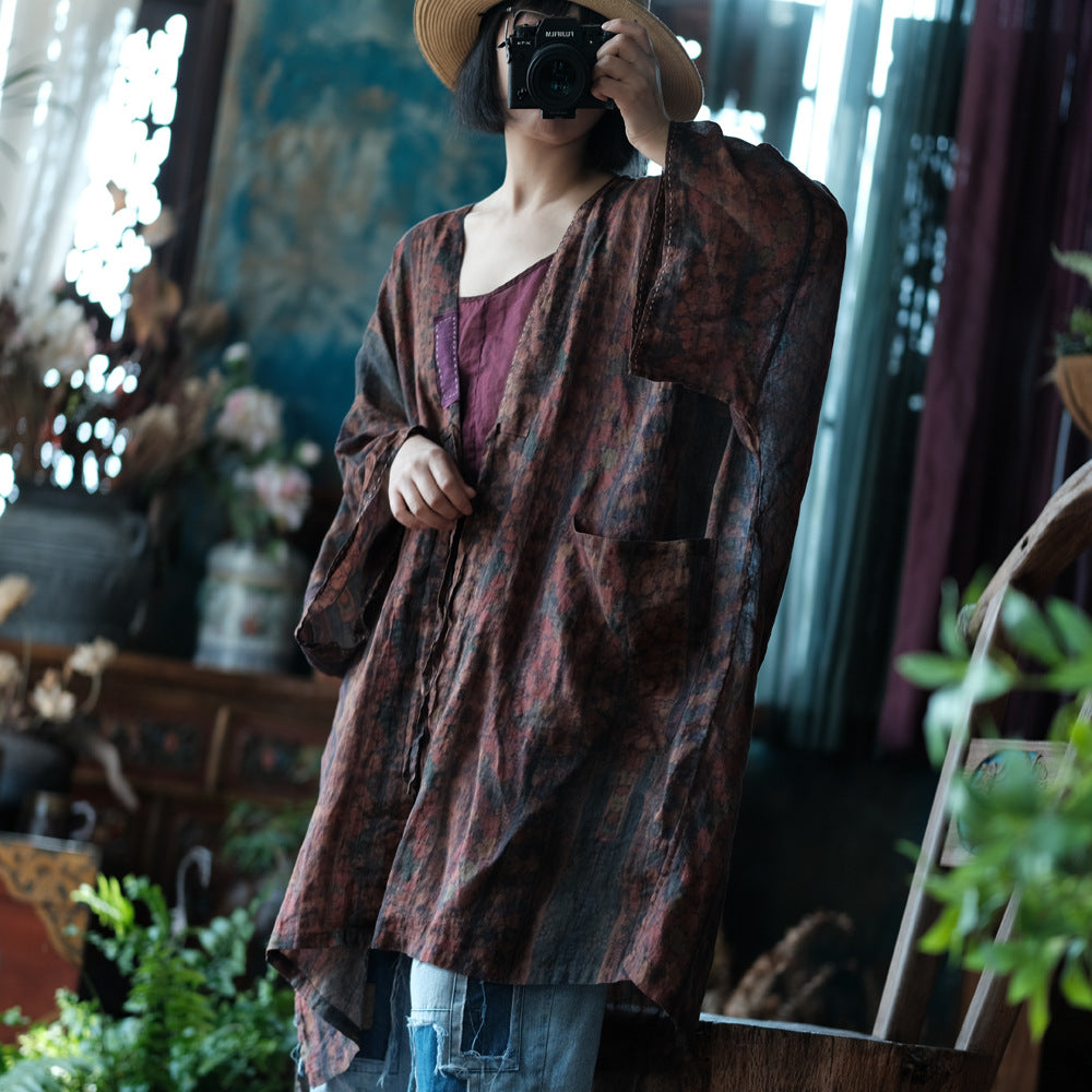 100% Ramie Linen Women Long Blouse with Patchwork Details and Vintage Print, linen women Shirt Jacket 250412s 2185