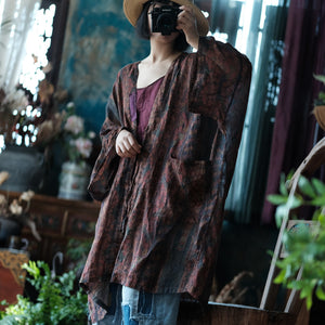 100% Ramie Linen Women Long Blouse with Patchwork Details and Vintage Print, linen women Shirt Jacket 250412s 2185