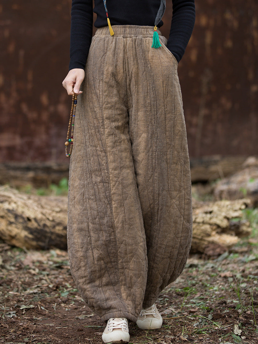 Ramie Linen Cotton Quilted Thick Pants with Pockets, winter women padded pants  251106w