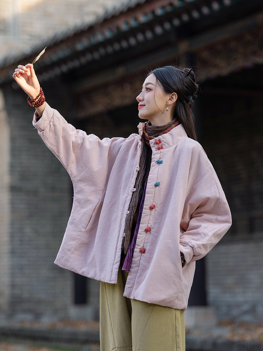 Ramie Linen Cotton Women Quilted Jacket with Pockets & Color-block Buttons in Hanfu Style, Chinese style Hanfu 251121w