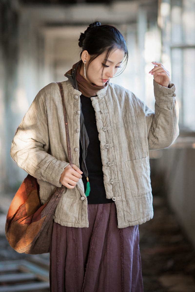 Ramie Linen Cotton Women Quilted Jacket with Pockets & Frog Buttons in Hanfu Style, Chinese style Hanfu 251109w