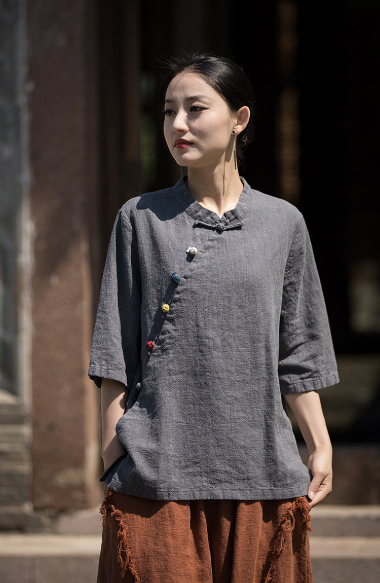 Linen Cotton Women Blouse with Handwoven Buckle Button, chinese style women blouse linen liziqi, Taichi jacket, Tang suit  240721s