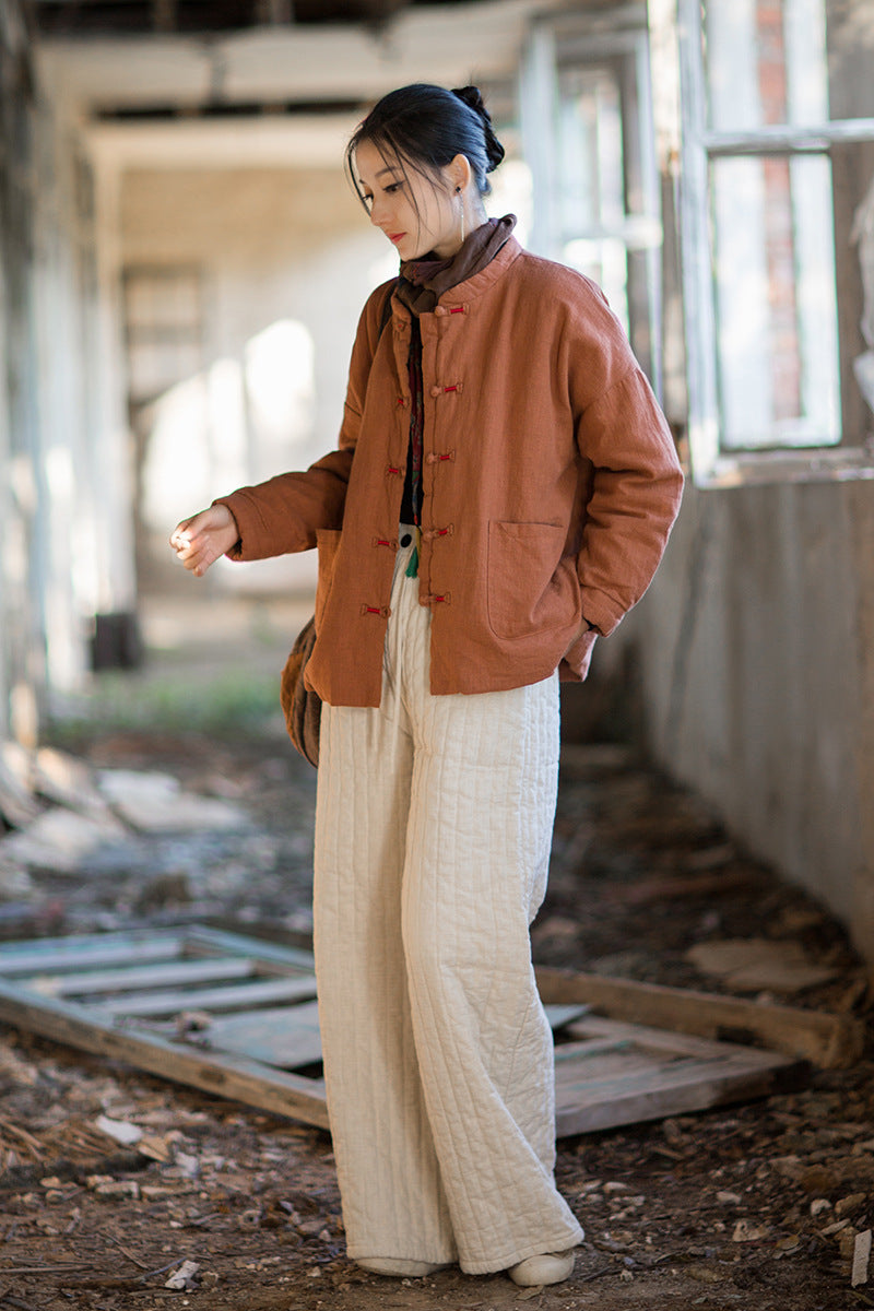 Ramie Cotton Women Quilted Jacket with Pockets & Frog Buttons in Hanfu Style, Chinese style Hanfu 251110w