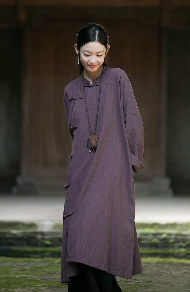 Linen Cotton Women Long Blouse with Pockets and Handwoven Buckle Button, chinese style women blouse linen, Taichi jacket, Tang suit 241003w