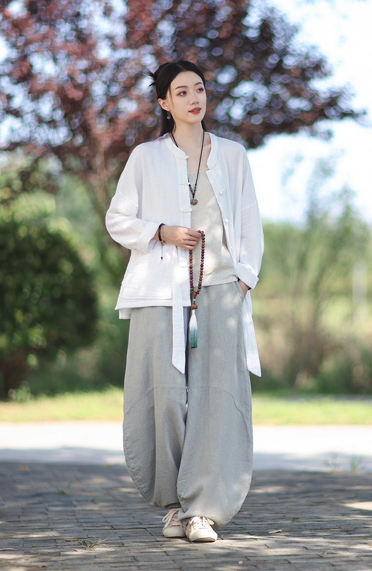 100% Cotton Women Hanfu Shirt with Chinese Traditional Buttons & Pockets 251016w