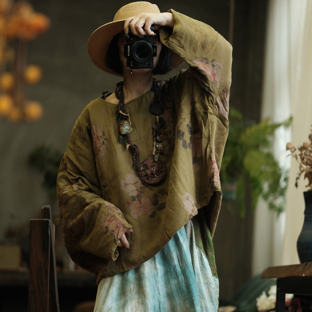 100% Cotton Women Quilted Loose Pullover with Floral Print 250911a 2147