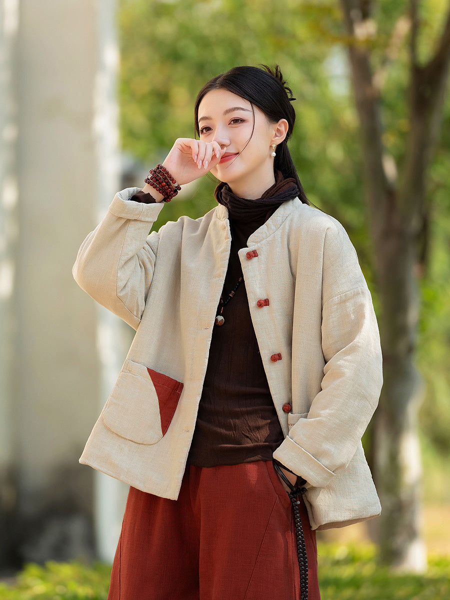 Ramie Linen Cotton Women Quilted Jacket with Pockets & Color-block Buttons in Hanfu Style, Chinese style Hanfu  251123w