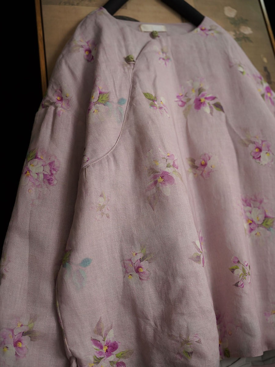 Linen Cotton Women Quilted Chinese Pullover with Vintage Floral Print and Traditional Chinese Buttons 251117w 210018