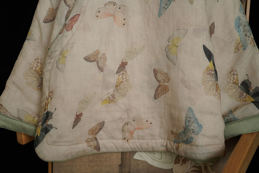 Linen Cotton Women Quilted Chinese Pullover with Vintage Butterfly Print and Traditional Chinese Buttons 251116w 162046