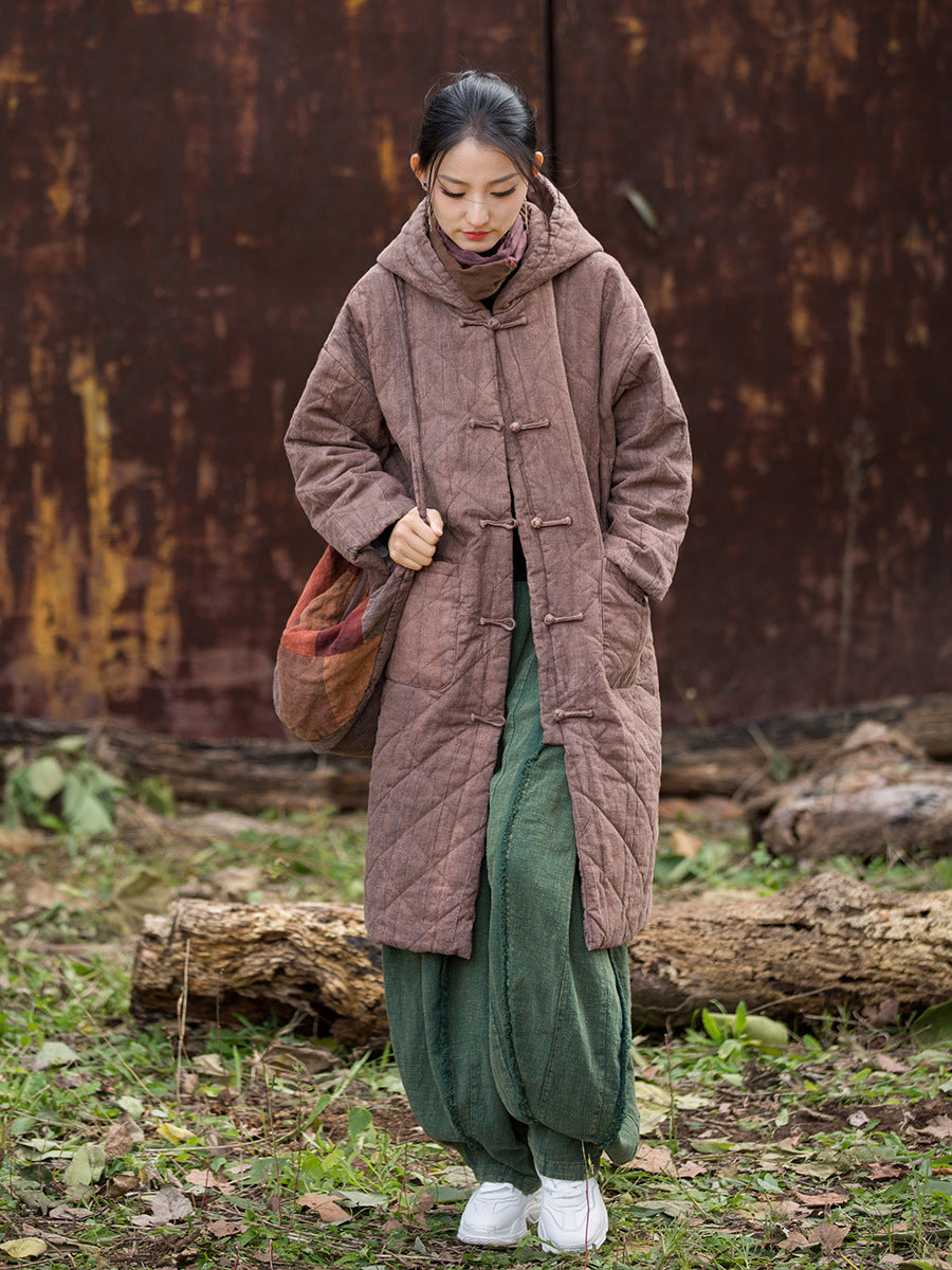 Ramie Linen Women Quilted Hoodie Jacket with Pockets & Frog Buttons in Hanfu Style, Chinese style Winter Padded Coat 251107w