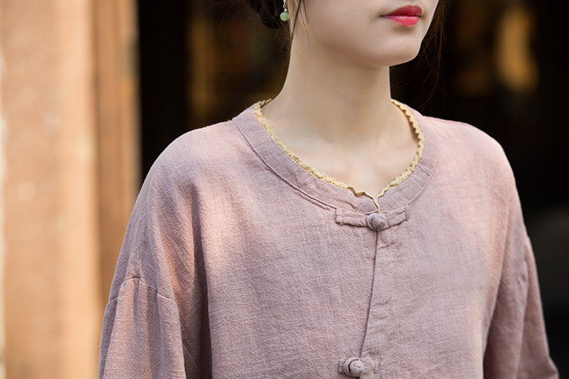 Ramie Linen Women Shirt in Hanfu Style with Diagonal Closure and Frog Buttons 250921a