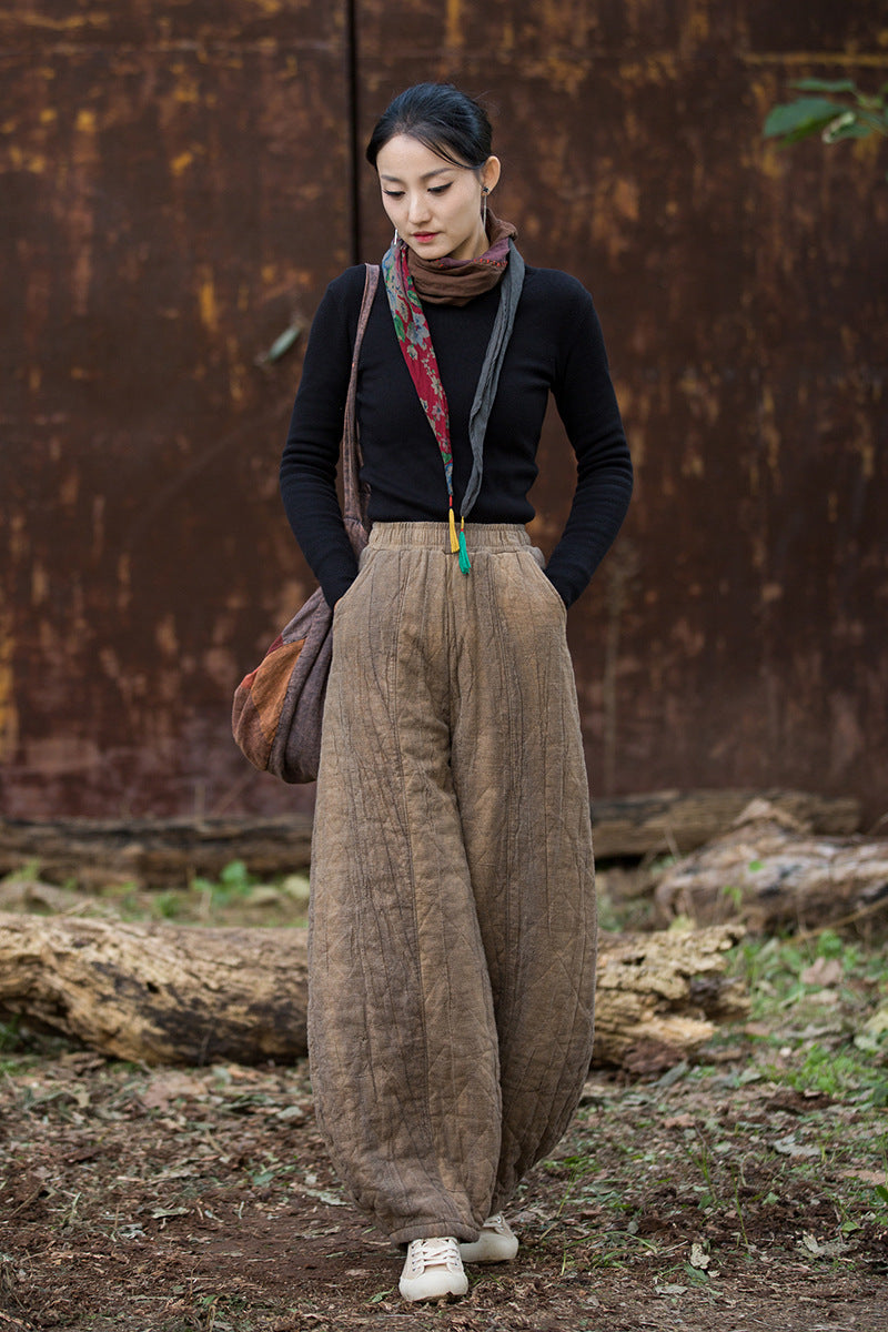 Ramie Linen Cotton Quilted Thick Pants with Pockets, winter women padded pants  251106w