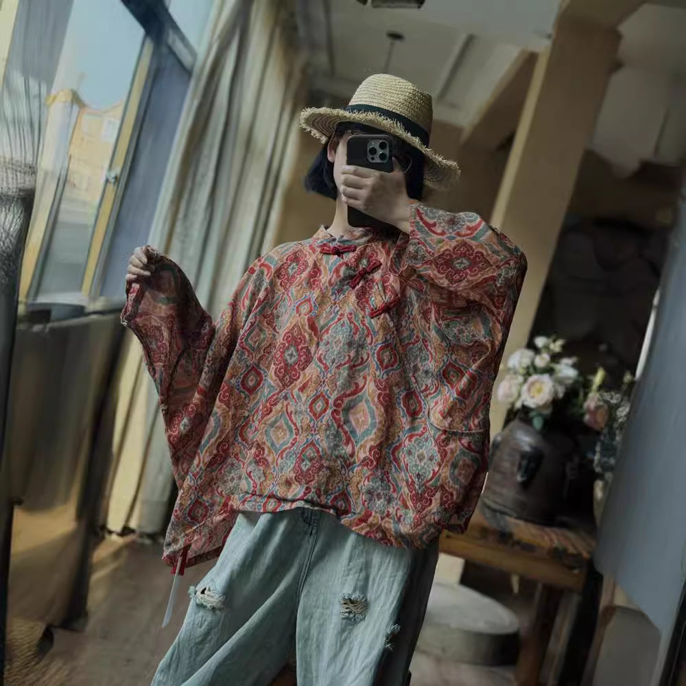 100% Linen Women Loose Blouse with Vintage Print and Long Sleeves, Linen women blouse 250319s 2173