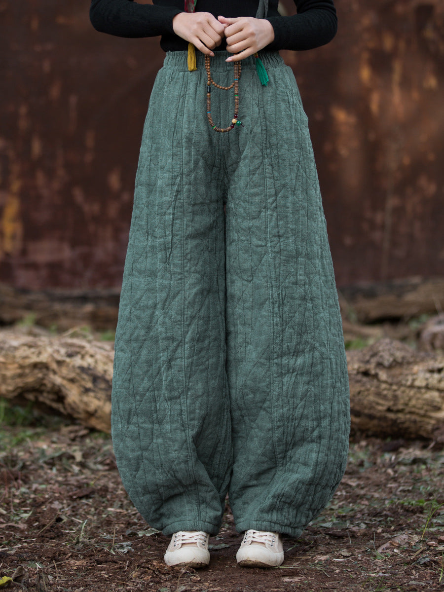 Ramie Linen Cotton Quilted Thick Pants with Pockets, winter women padded pants  251106w