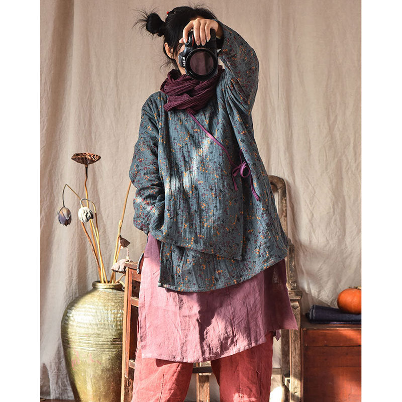 Linen Cotton Cross Collared Autumn Wrap Hanfu with Front-Tie 250905a