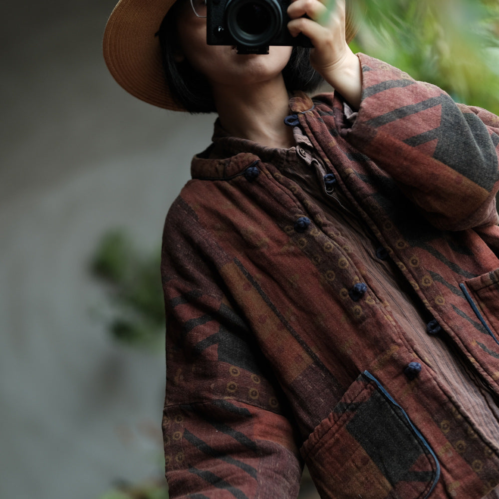 100% Cotton Women Quilted Chinese Jacket with Pockets and Vintage Print 251114w 1791