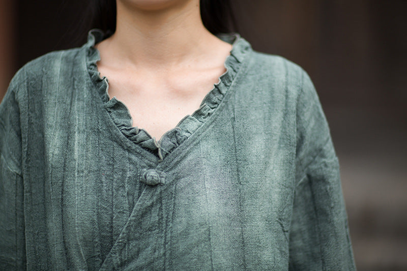 Ramie Linen Women Shirt in Hanfu Style with Ruffled Collar & Diagonal Closure 250922a