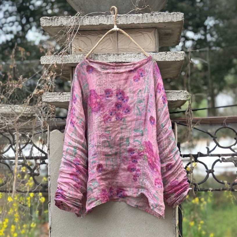 100% Ramie Linen  Women Pullover with Floral Print and Round Neck 250713s