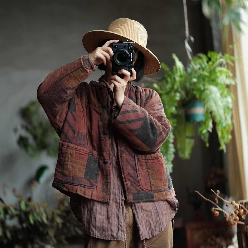 100% Cotton Women Quilted Chinese Jacket with Pockets and Vintage Print 251114w 1791