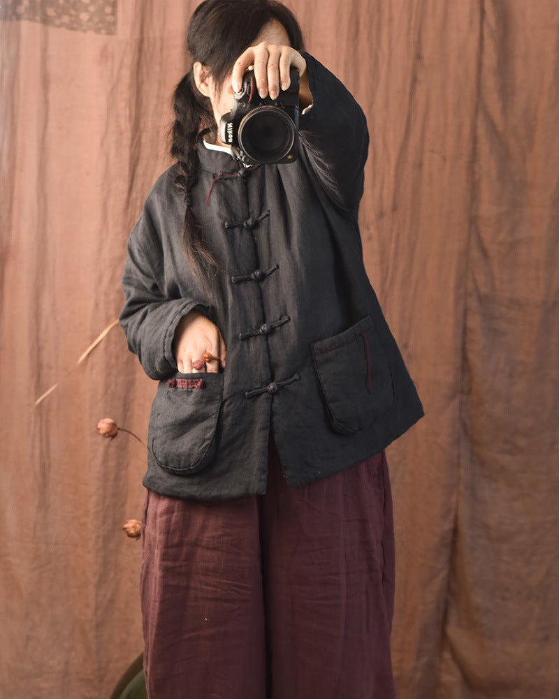 100% Linen Autumn Winter Women Quilted Jacket with Handsewing Details in Hanfu Style 250902a