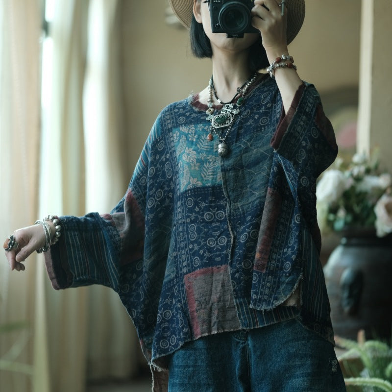 Double Layered Cotton Patchwork Style Women Shirt, Vintage Women Pullover 231411k