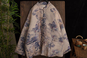 Linen Cotton Women Quilted Chinese Jacket with Vintage Landscape Print and Traditional Chinese Buttons 240115w