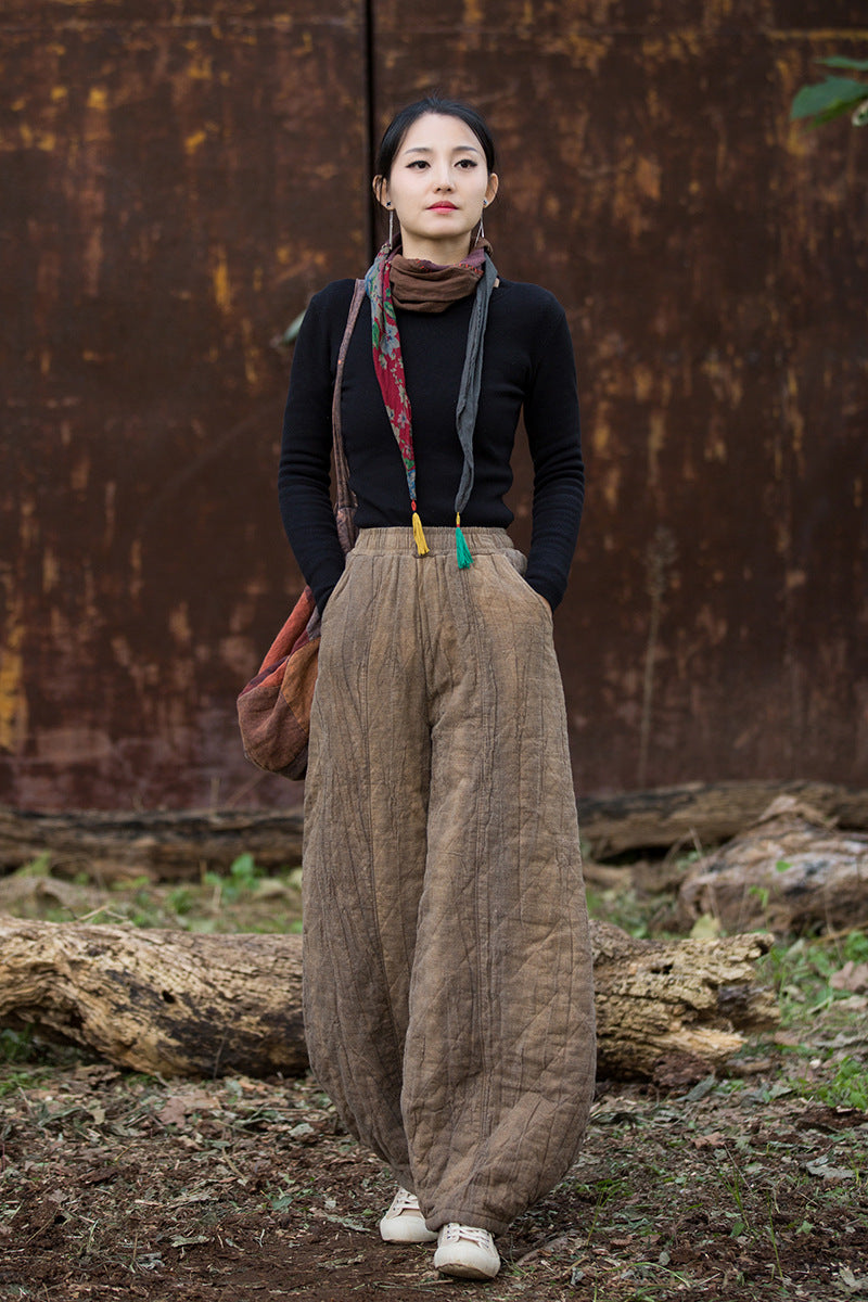 Ramie Linen Cotton Quilted Thick Pants with Pockets, winter women padded pants  251106w