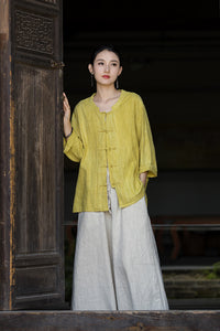 Linen Cotton Women Blouse with Traditional Buckle Button, chinese style women blouse linen liziqi, Taichi jacket, Tang suit 240720s