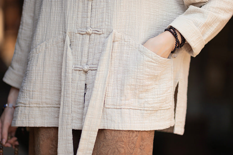 100% Cotton Women Hanfu Shirt with Chinese Traditional Buttons & Pockets 251016w