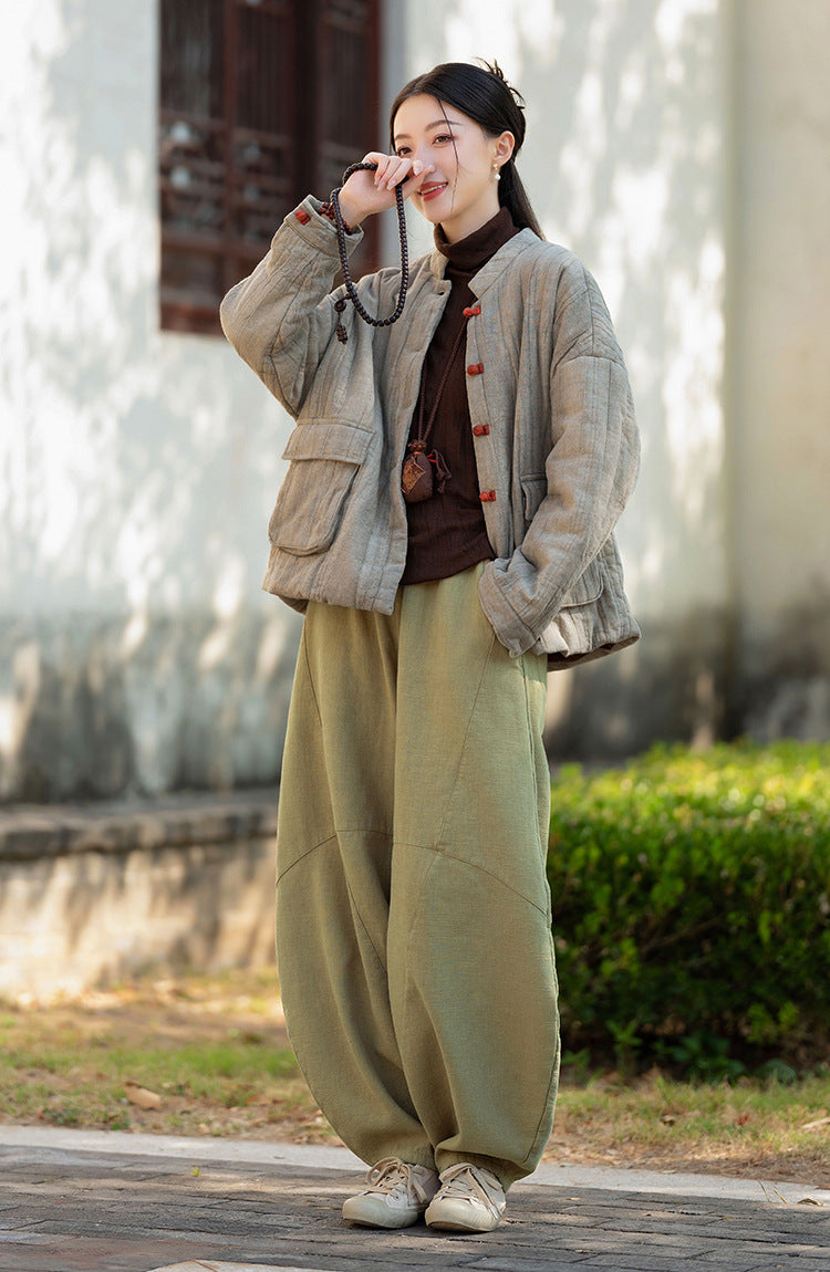 Ramie Linen Cotton Women Quilted Jacket with Pockets & Color-block Buttons in Hanfu Style, Chinese style Hanfu 251120w