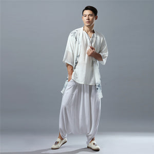 Men Chiffon Irregular Noragi with Chinese Vintage Print, Summer Cardigan 240712s