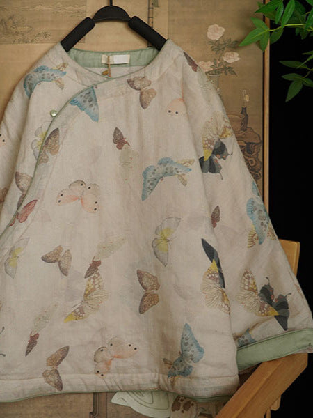 Linen Cotton Women Quilted Chinese Pullover with Vintage Butterfly Print and Traditional Chinese Buttons 251116w 162046