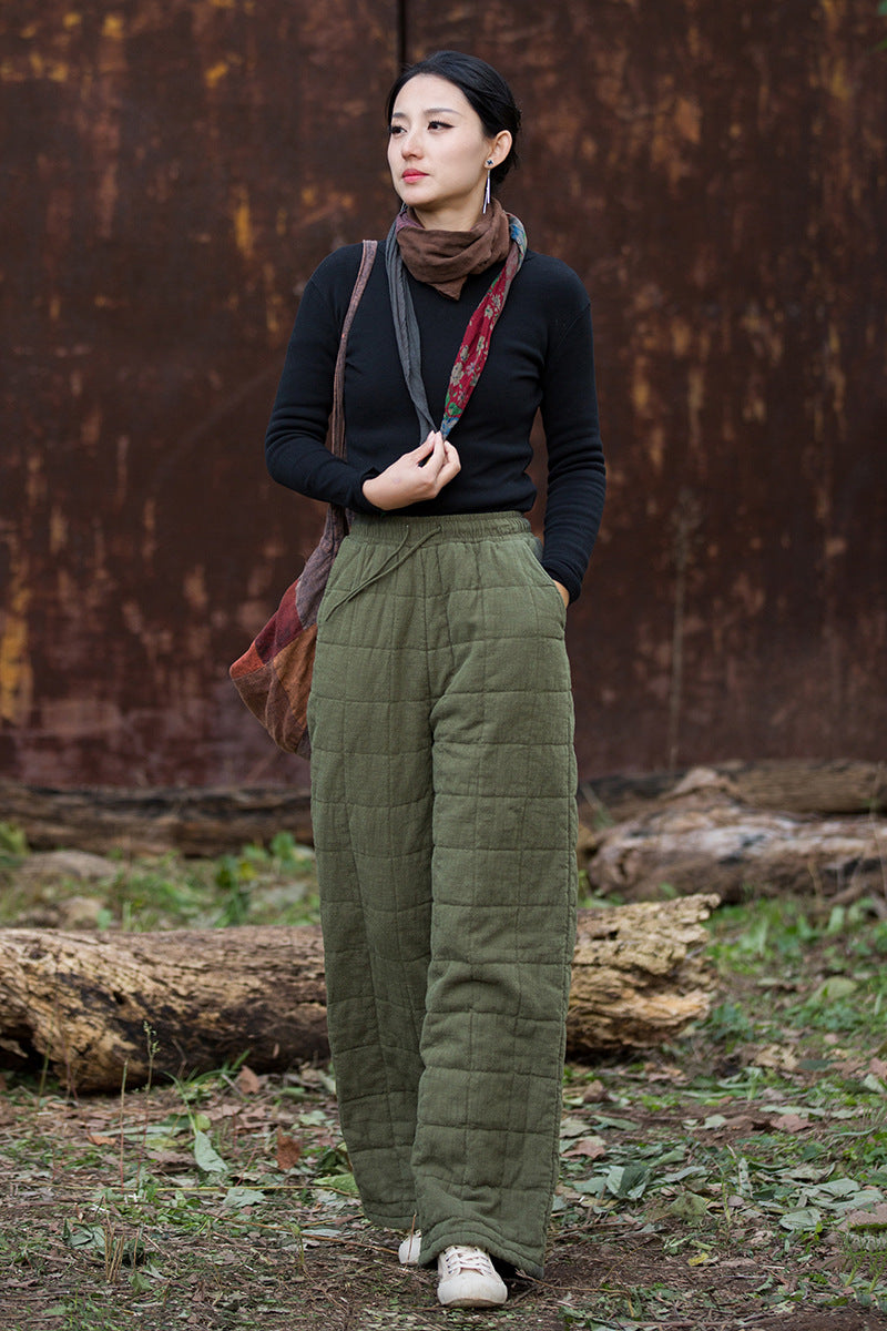 Ramie Linen Cotton Quilted Thick Pants with Pockets & Front Ties, winter women pants 251105w