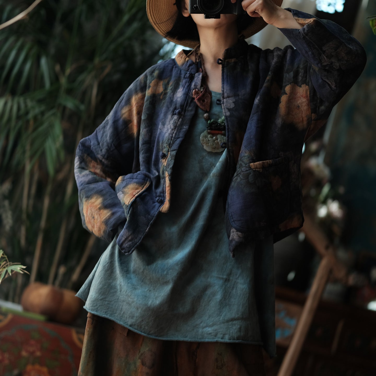 100% Cotton Women Quilted Chinese Jacket with Pockets and Vintage Print 251115w 1791