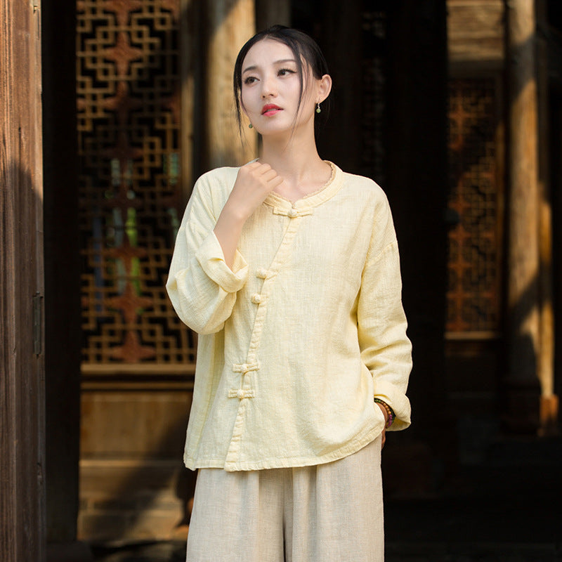 Ramie Linen Women Shirt in Hanfu Style with Diagonal Closure and Frog Buttons 250921a