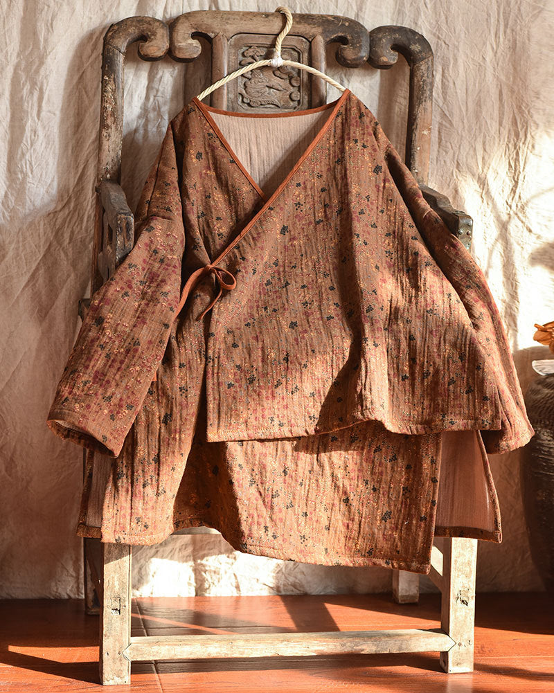 Linen Cotton Cross Collared Autumn Wrap Hanfu with Front-Tie 250905a