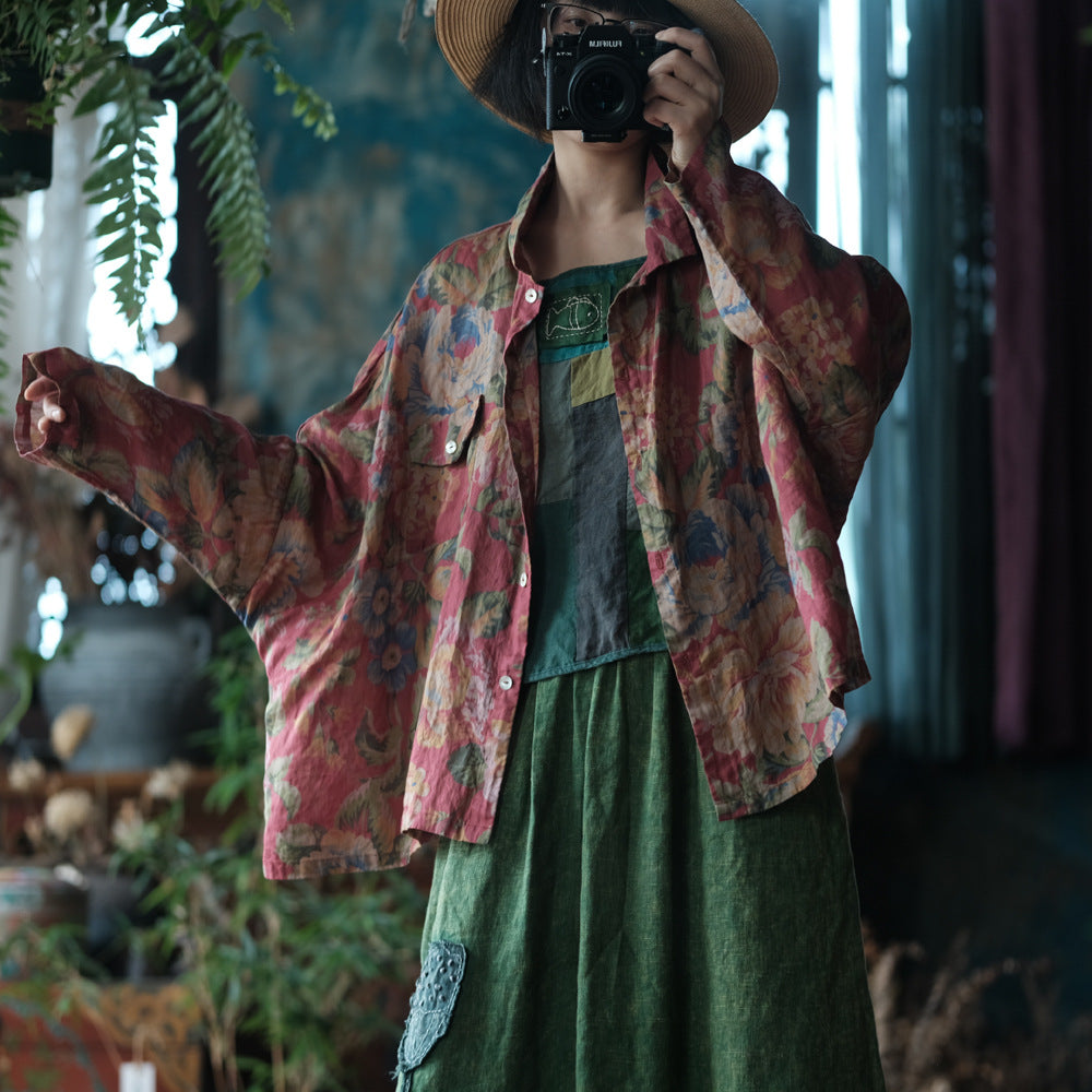 100% Ramie Linen Women Casual Blouse with Floral Print and Long Sleeves, Linen women blouse 250411s 2194