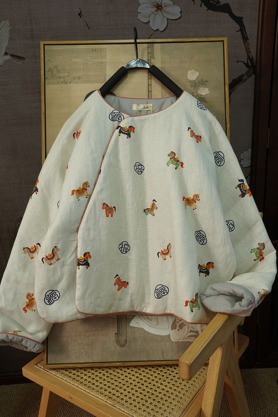 Linen Cotton Women Quilted Chinese Pullover with Vintage Horse Print and Traditional Chinese Buttons 251118w  375020