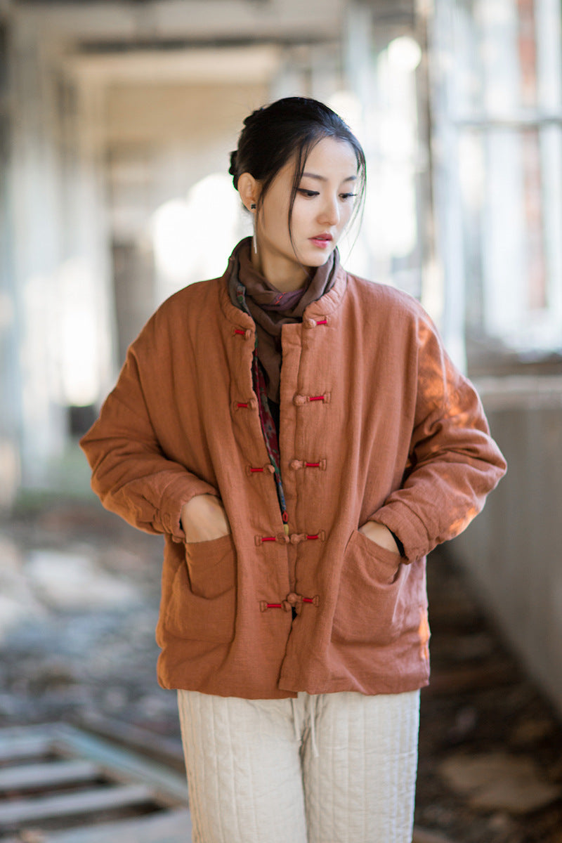 Ramie Cotton Women Quilted Jacket with Pockets & Frog Buttons in Hanfu Style, Chinese style Hanfu 251110w