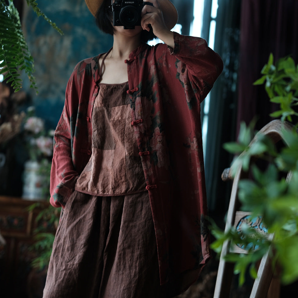 100% Cotton Chinese Women Long Blouse with Traditional Buttons and Vintage Print, linen women Shirt Jacket  250409s 2099