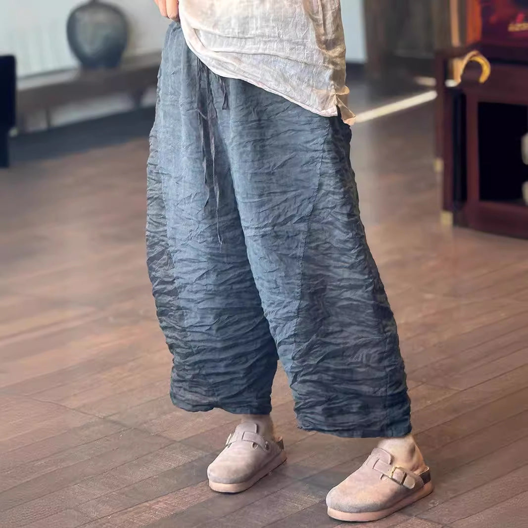 100% Linen Color-blocked Cropped Women Pants with Pockets 250802s 4347