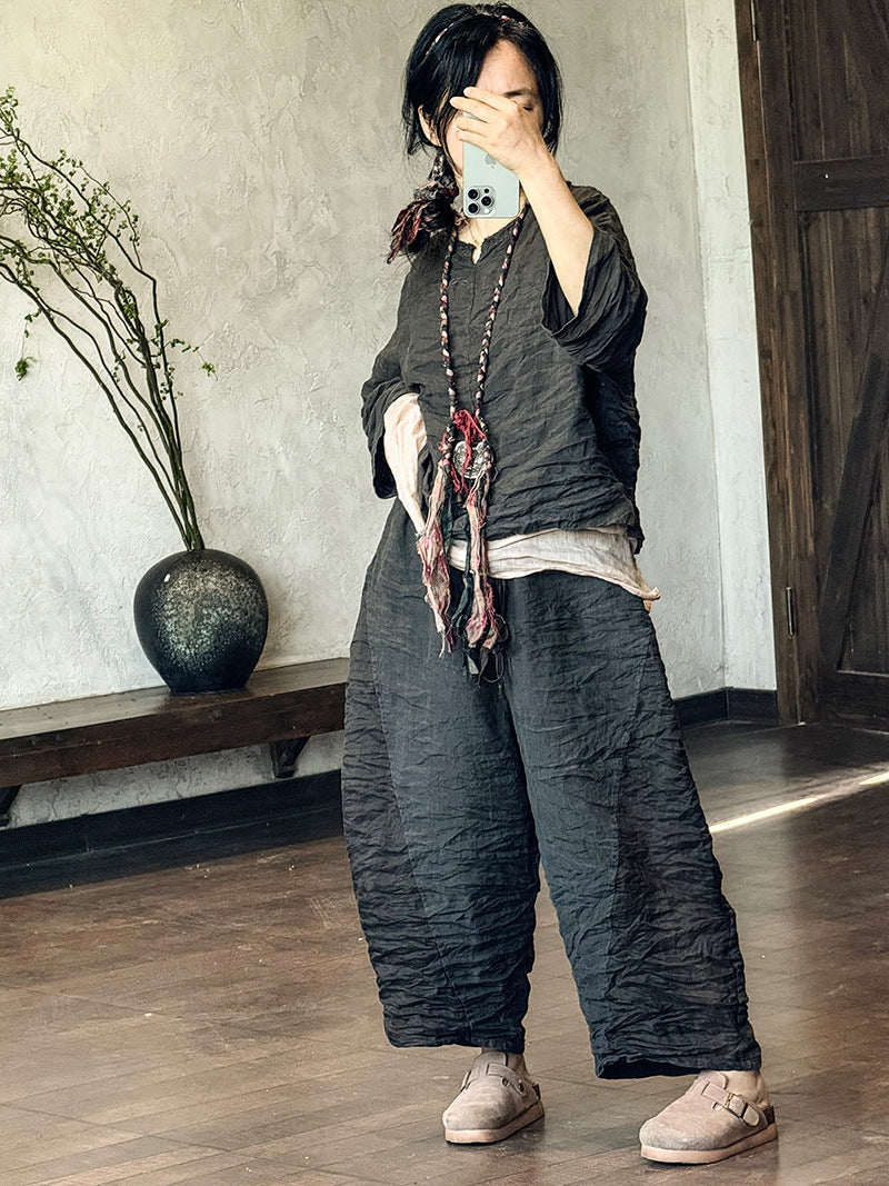 100% Linen Color-blocked Cropped Women Pants with Pockets 250802s 4347