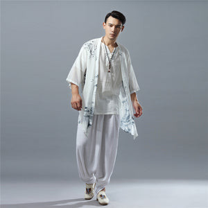 Men Chiffon Irregular Noragi with Chinese Vintage Print, Summer Cardigan 240712s