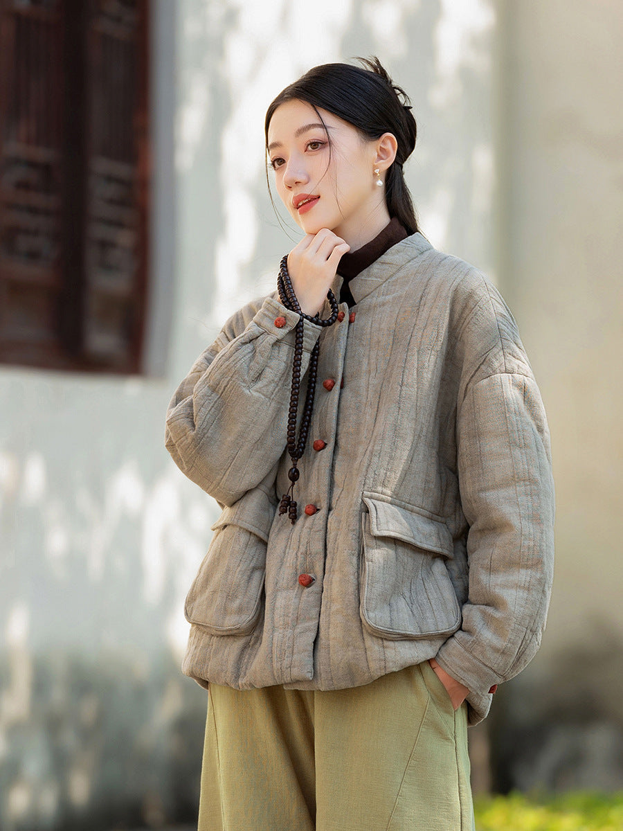 Ramie Linen Cotton Women Quilted Jacket with Pockets & Color-block Buttons in Hanfu Style, Chinese style Hanfu 251120w